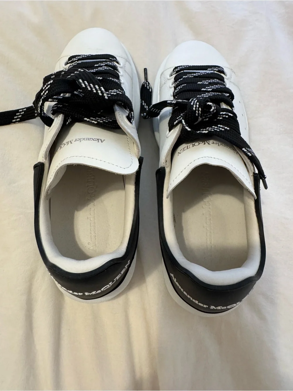 Alexander McQueen White Leather Sneakers with Black Accent and Patterned Laces